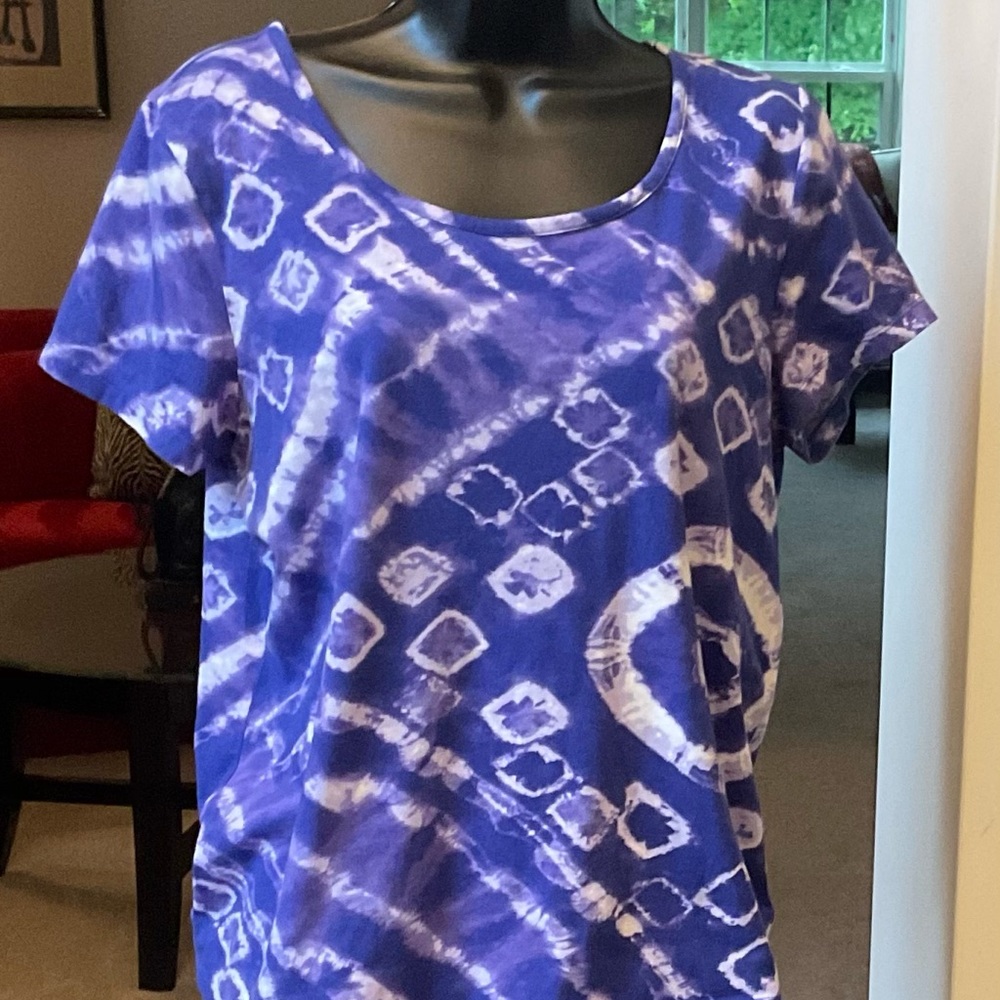 Tie-Dye Inspired Purple, Blue, and White T-Shirt by Jones New York Sport.